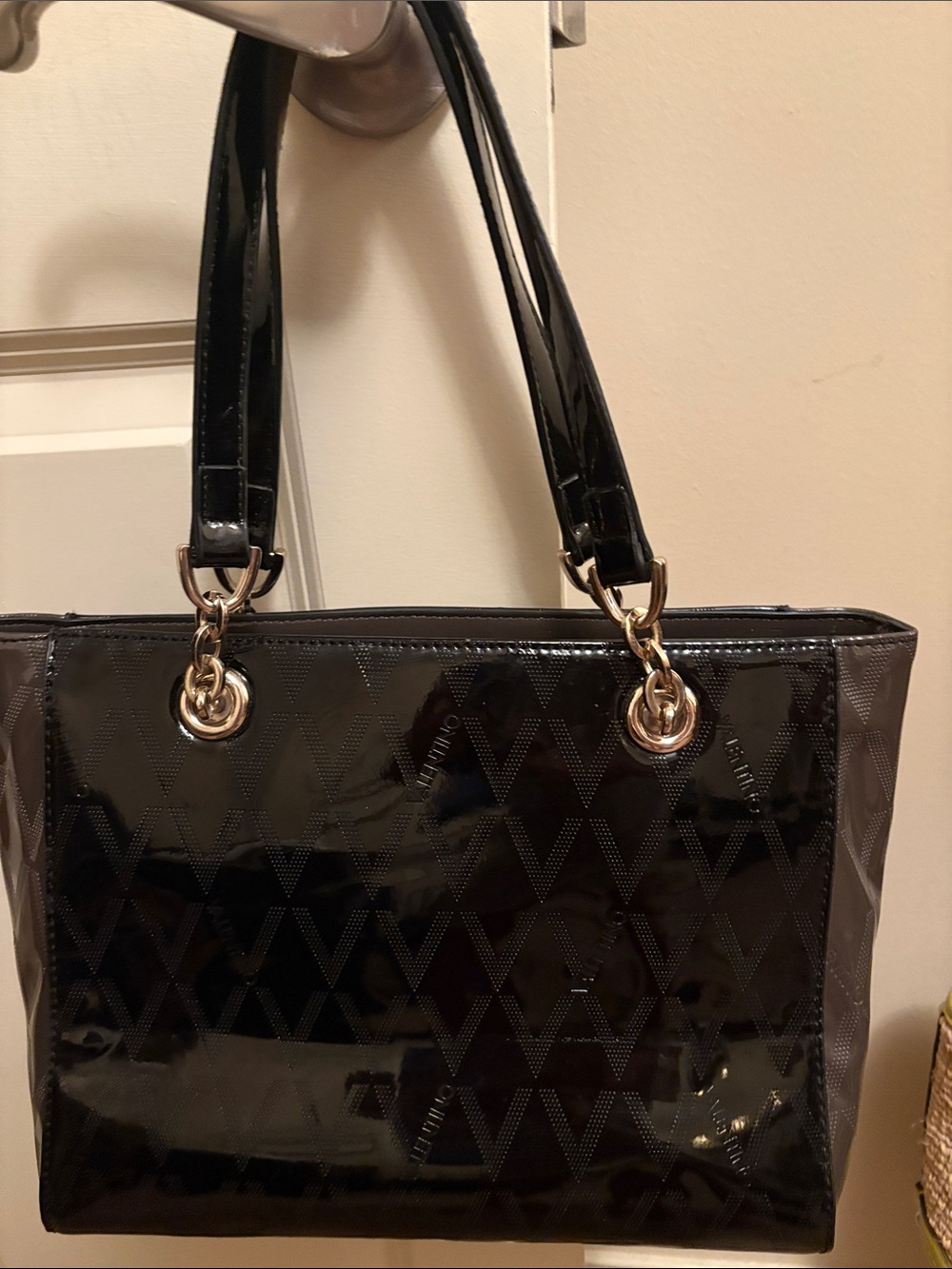 Patent Leather Black Tote Bag with Gold Hardware